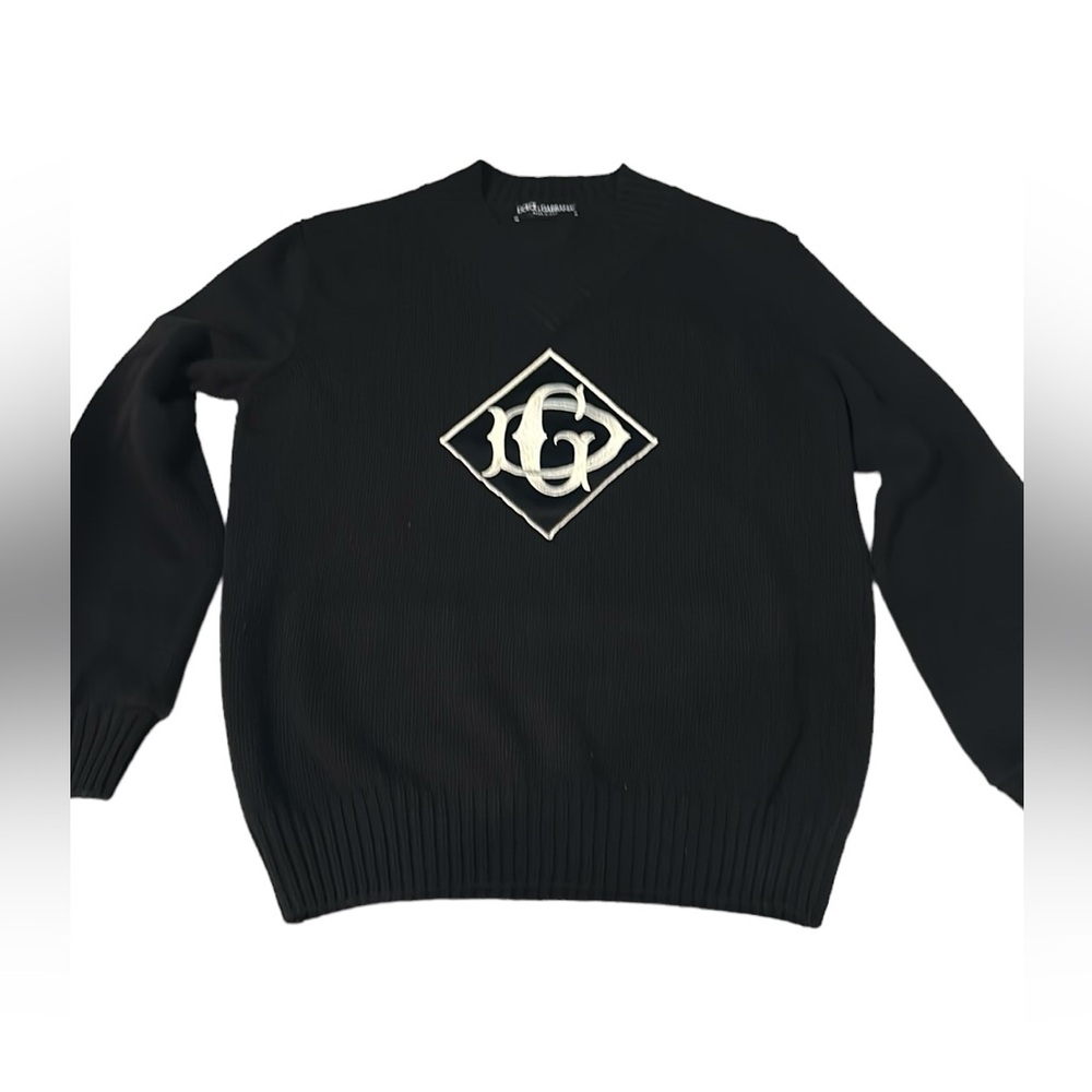 Dolce & Gabbana Black V-Neck Sweater with Cream/White GG Diamond Logo
